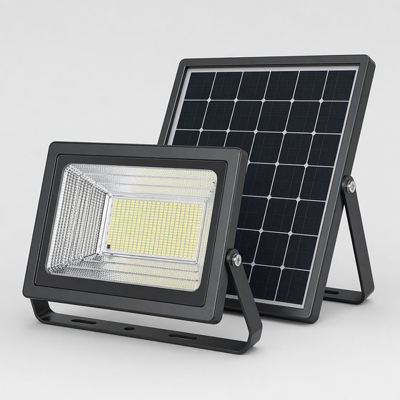 Illustrative 3D render of a Sunjoylight solar flood product