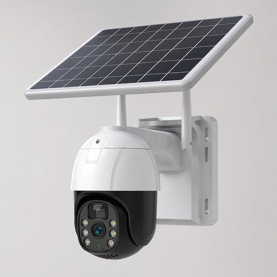 Illustrative 3D render of a Sunjoylight solar surveillance product