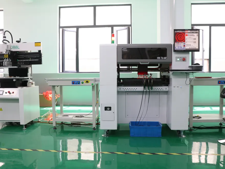 Automated SMT pick-and-place machines mounting LEDs onto PCBs at Sunjoylight factory