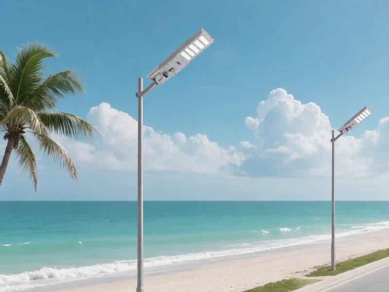 Solar street lights lining a coastal road beside the beach, panels integrated into the top of each luminaire