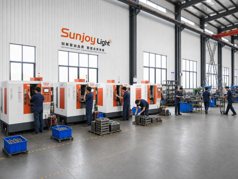 Sunjoylight LED lighting CNC machining production line at the manufacturing facility in Changzhou, China